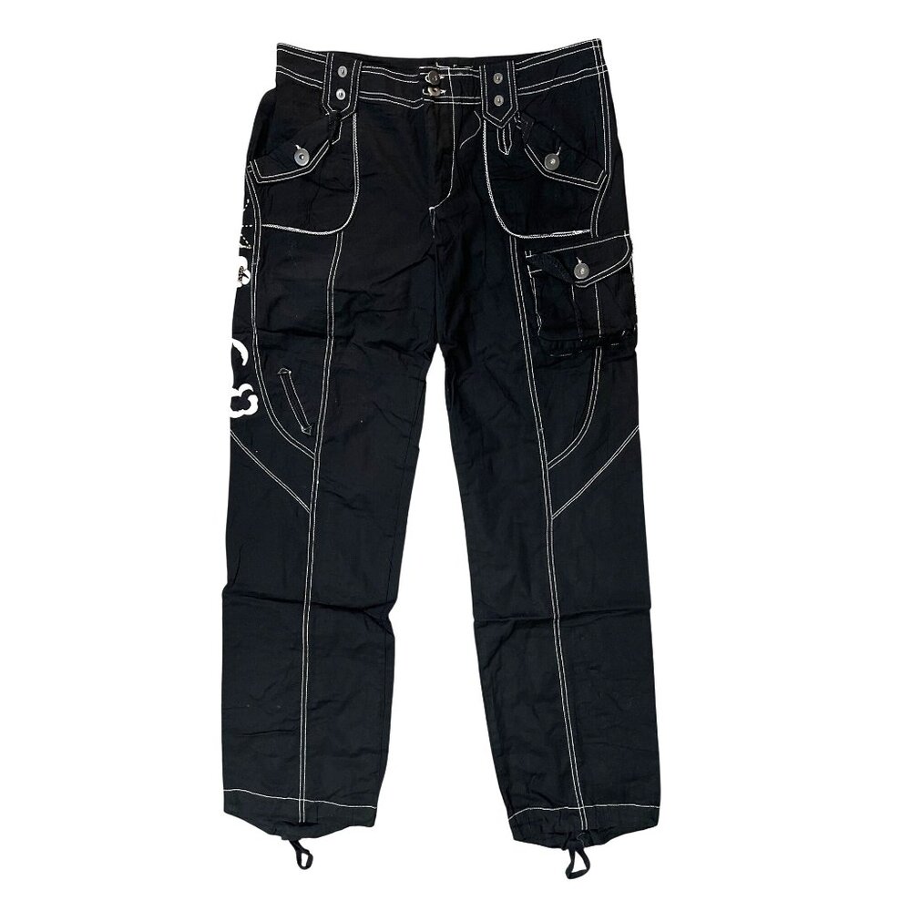 Black Cargo Pants With White Stitching & Floral Beading Size 8
